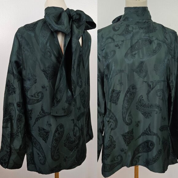 COS Jacquard Bow Back Silky‎ Blouse Sz 4 Dark Green Shirt Relaxed Long Sleeve - Picture 1 of 13